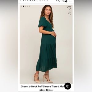 Pinkblush Green V-Neck Puff Sleeve Tiered Maternity Maxi Dress